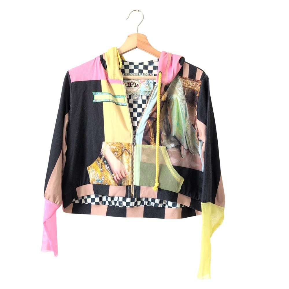 NWT IPNG Hoodie Patchwork Zip Up Jacket S/M Maximalist Y2K Euro‎ Art Eclectic